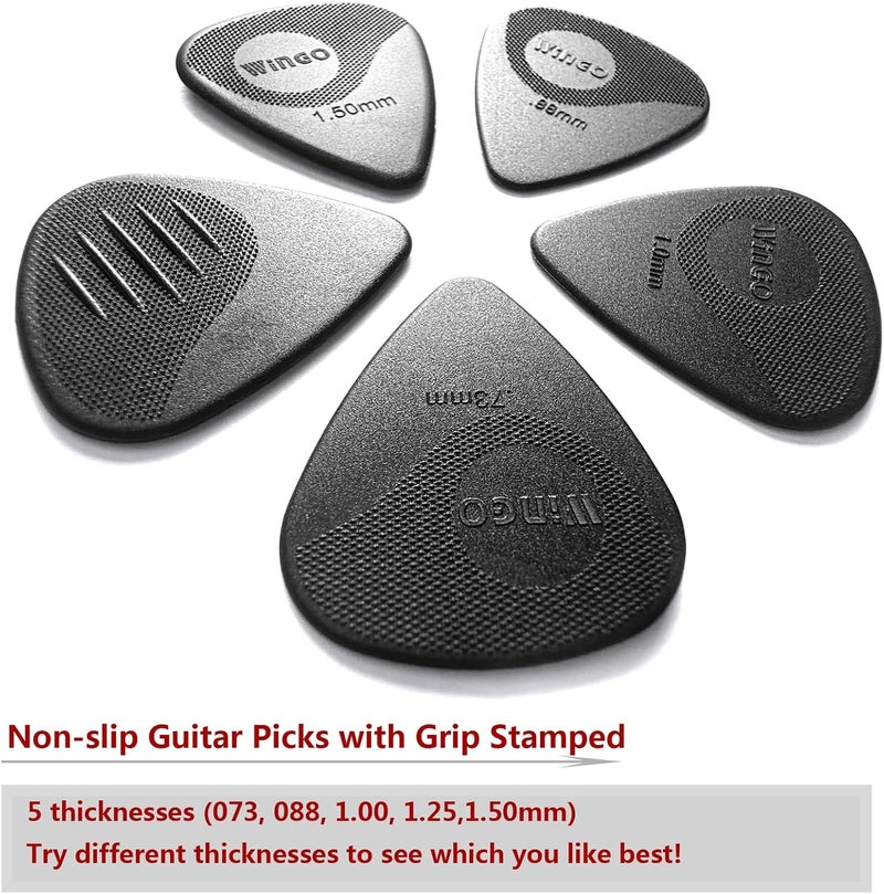 Wingo أوتار جيتار مع نقش مضغوط، أوتار غير قابلة للانزلاق 5 عبوات (073، 088، 1.0، 1.25، 1.5 مم) للجيتارات الصوتية والكهربائية - لون أسود. - Image 4